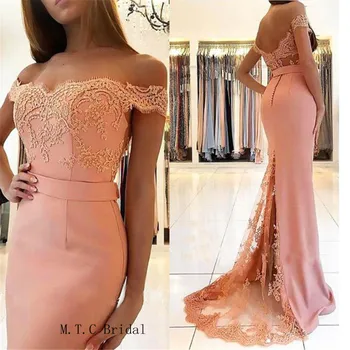 Blush Pink Ilgas Elegantiškas Oficialų Vakarinę Suknelę 2022 Nuo Peties Nėrinių Elastingos Satino Undinė Pigūs Prom Chalatai Užsakymą