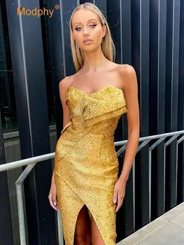 2022 Aukso Seksualus Stebėjimo Midi Suknelė Moterims Aukštos Kokybės Elegantiškas Rankovių Slim Šalis Suknelės Ponios Klubas Vakarą Kilimo Ir Tūpimo Tako Vestidos
