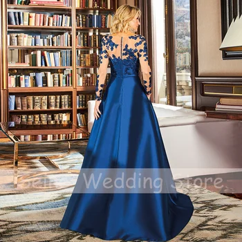 Royal Blue Vestuvių Svečių Chalatai 2022 Nėrinių Aplikacijos Motina Nuotakos Suknelės-Line Padalinta Satino Iliuzija Seksualus Vakaro Suknelė