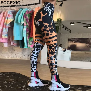 FCCEXIO Leopard Juostele 3D Spausdinimo Moterų Kelnes Push Up Veikia Sporto Antblauzdžiai Slim Kelnės Moteriškos Laisvalaikio Kelnės Fitness Antblauzdžiai