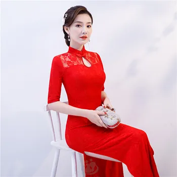 Moterų Naujų Cheongsam Suknelė Elegantiškas Rodyti Kostiumas Ilgosios Suknelės Pusės Rankovės Kinų Stiliaus Qipao Moterų Raudona Vestuvinė Suknelė