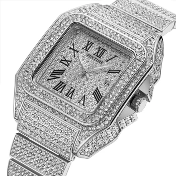PINTIME Prabangių vyriškų Kristalų Žiūrėti Visą Bling Diamond Analoginis Kvarciniai Laikrodžiai Žmogui Nerūdijančio Plieno Dirželis atsparus Vandeniui Laikrodis