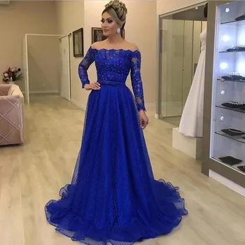 2022 Plius Dydžio Modernus Nėrinių Motina Nuotakos Suknelės, Mėlyna Appliqued Lankas Diržo Mamos Suknelės Royal ilgomis Rankovėmis Vestuves