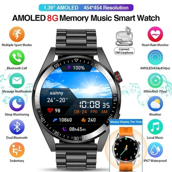 Naujas Smart Žiūrėti Mens 8G Atminties Vietos Muzikos Grotuvas 454*454 AMOLED Ekraną, 