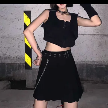 Harajuku Punk Plisuotos Kelnės Moterims Gothic Black Aukšto Juosmens Seksualus Šokis Mini Sijonas Su Diržu, Grandine Moterų Streetwear Vasaros